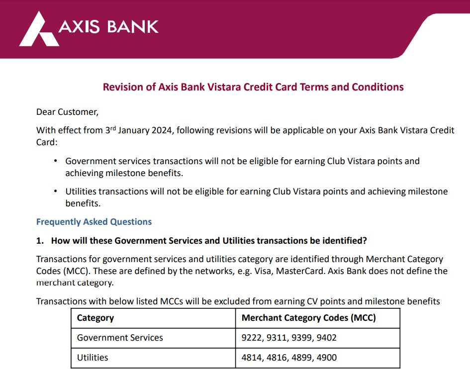 Axis Bank Vistara Credit Cards Rewards Program Revision