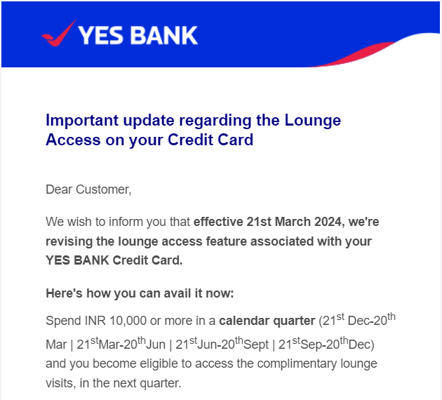 YES Bank credit card lounge access update